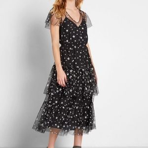 Modcloth Tulle There Was You Midi Dress Black/Silver Stars Size Large